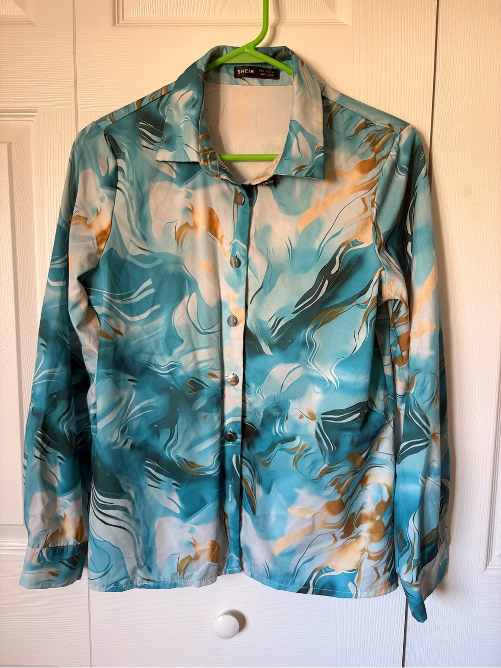 SHEIN Teal Marble-Print Button-Up Blazer with Gold Accents